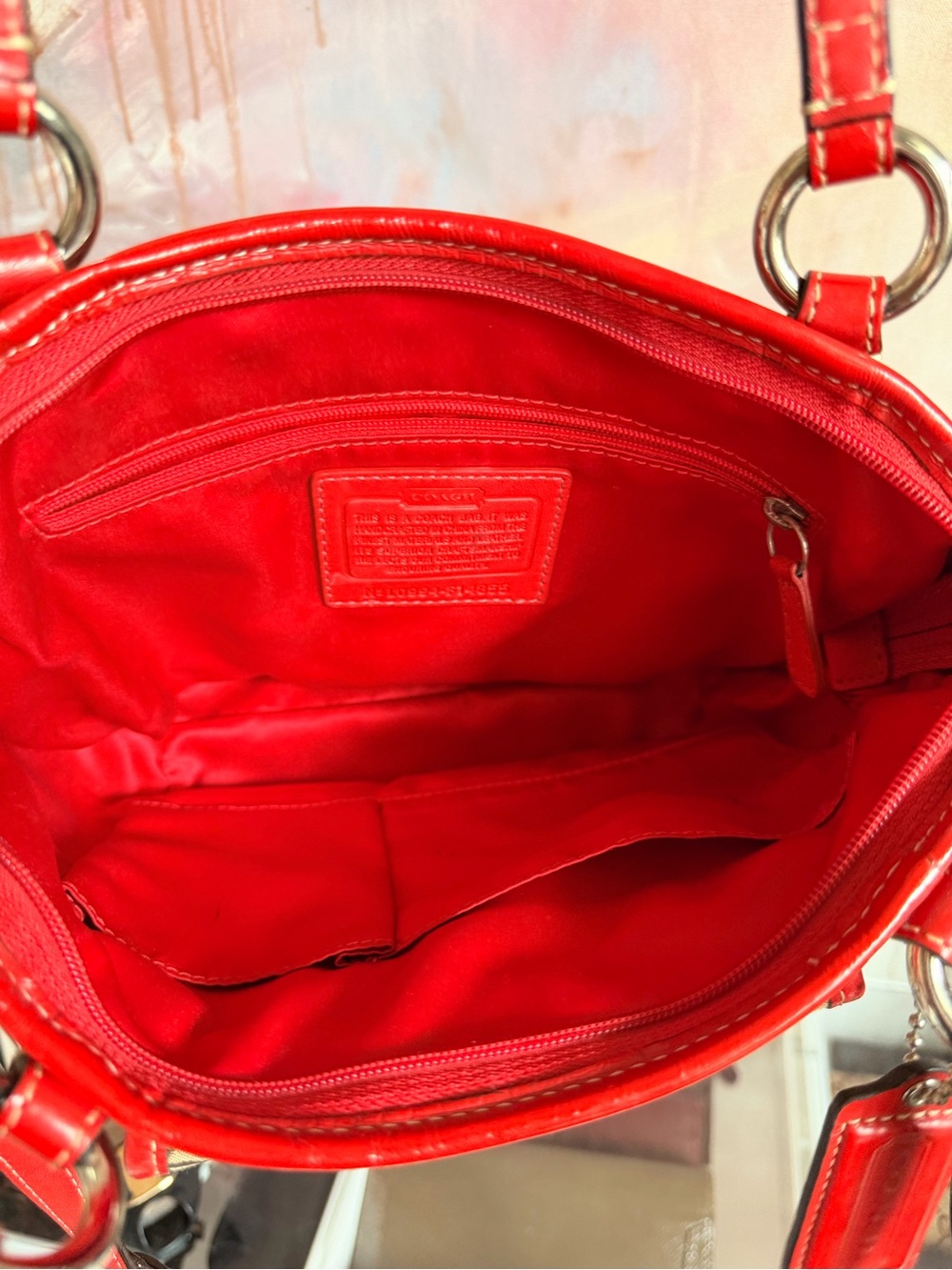Coach Tan Signature Canvas Shoulder Bag with Red Leather Trim - Picture 5 of 8